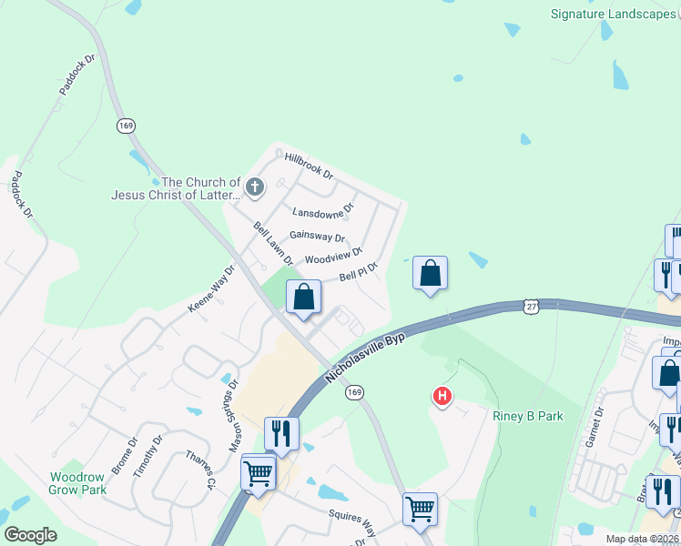 map of restaurants, bars, coffee shops, grocery stores, and more near 327 Bell Place Drive in Nicholasville