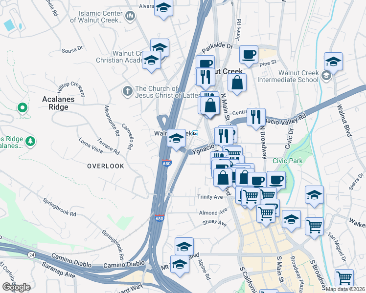 map of restaurants, bars, coffee shops, grocery stores, and more near 120 Ygnacio Valley Road in Walnut Creek