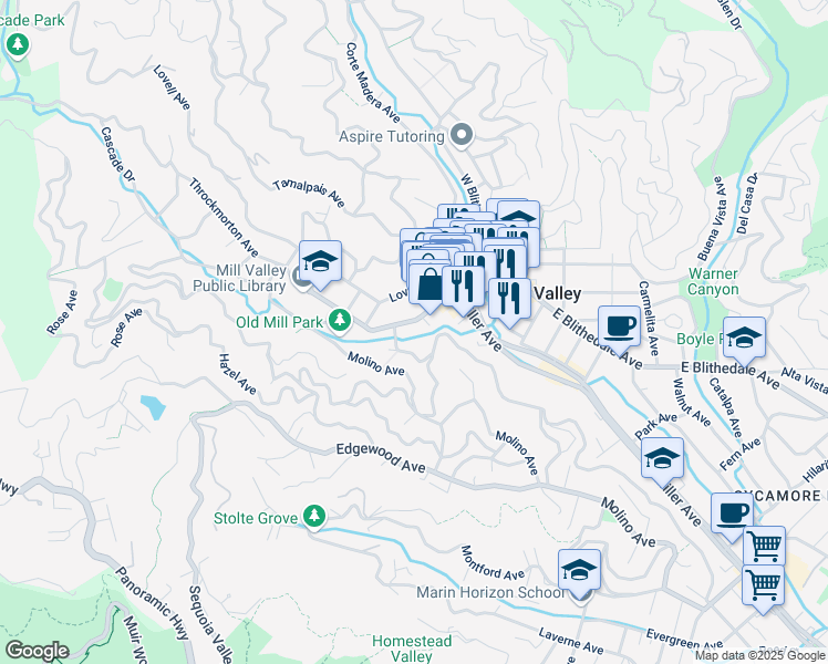map of restaurants, bars, coffee shops, grocery stores, and more near 191 Throckmorton Avenue in Mill Valley