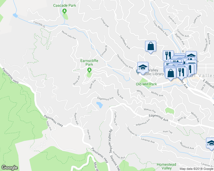 map of restaurants, bars, coffee shops, grocery stores, and more near 232 Hazel Avenue in Mill Valley