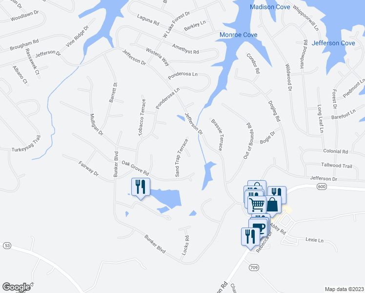 map of restaurants, bars, coffee shops, grocery stores, and more near 9 Putt Circle in Palmyra