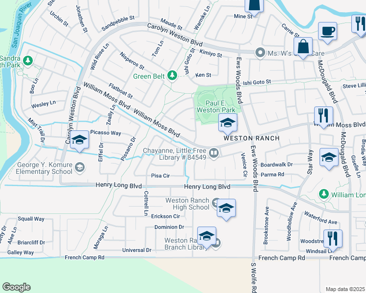 map of restaurants, bars, coffee shops, grocery stores, and more near 2043 Pisa Circle in Stockton