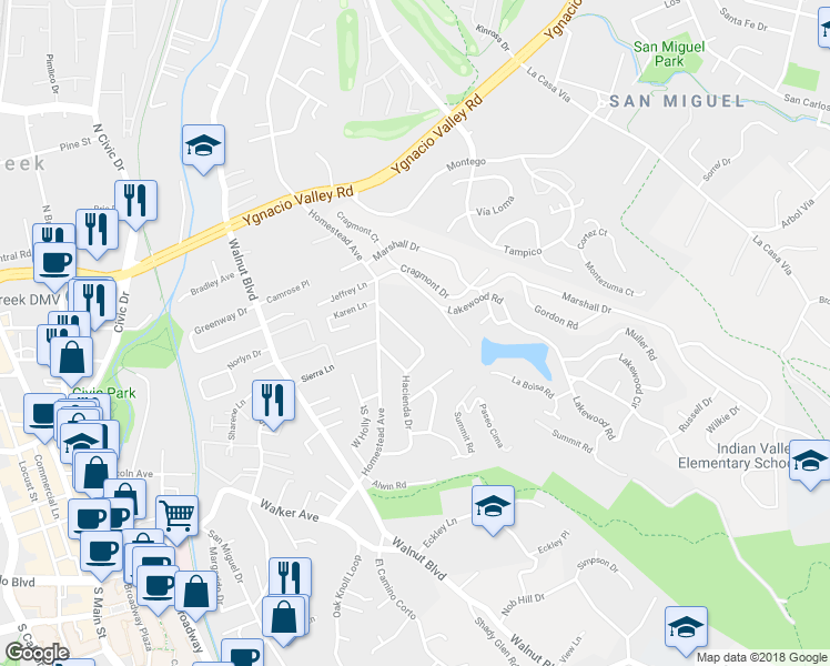 map of restaurants, bars, coffee shops, grocery stores, and more near 1072 Hacienda Drive in Walnut Creek