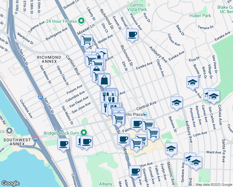 map of restaurants, bars, coffee shops, grocery stores, and more near 604 Lexington Avenue in El Cerrito