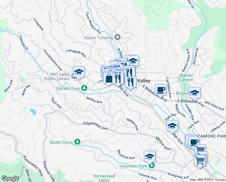 map of restaurants, bars, coffee shops, grocery stores, and more near 89 Ethel Avenue in Mill Valley