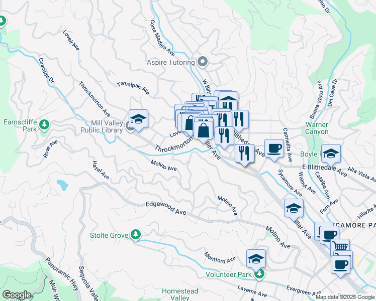 map of restaurants, bars, coffee shops, grocery stores, and more near 191 Throckmorton Avenue in Mill Valley