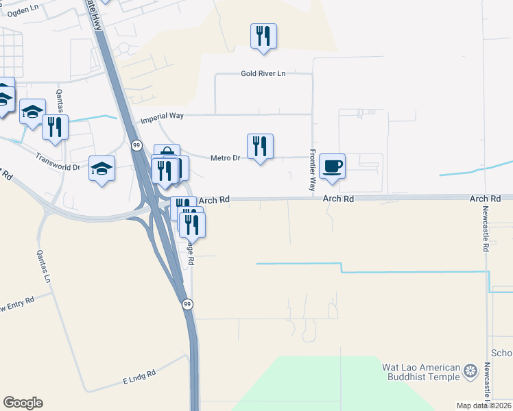 map of restaurants, bars, coffee shops, grocery stores, and more near 4038 Arch Road in Stockton