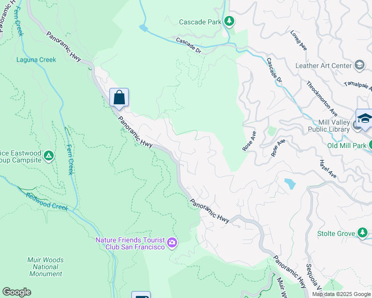 map of restaurants, bars, coffee shops, grocery stores, and more near 44 Washington Park Avenue in Mill Valley