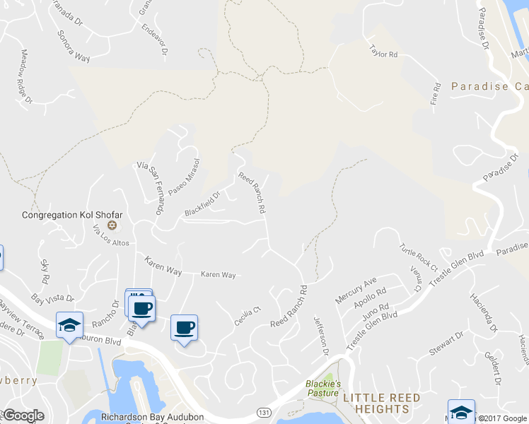 map of restaurants, bars, coffee shops, grocery stores, and more near 100s Reed Ranch Road in Tiburon