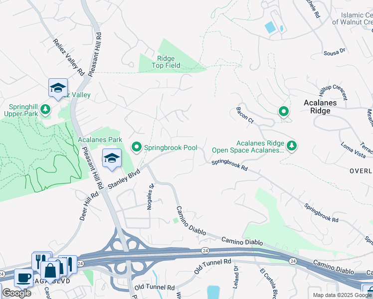 map of restaurants, bars, coffee shops, grocery stores, and more near 3153 Stanley Boulevard in Lafayette