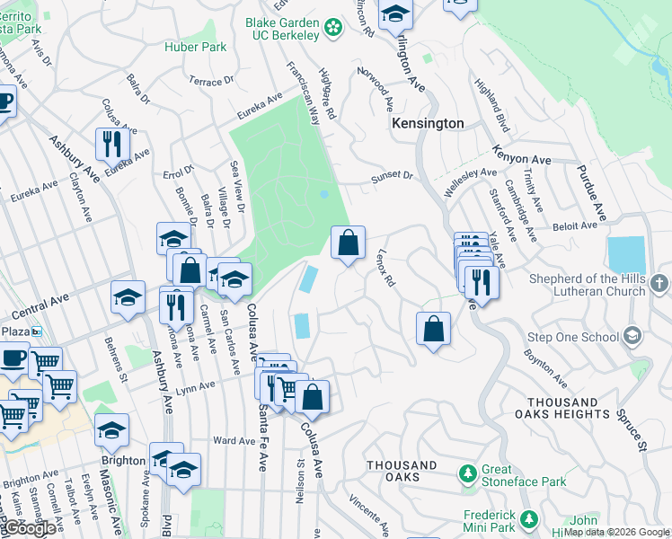 map of restaurants, bars, coffee shops, grocery stores, and more near 34 Avon Road in Kensington