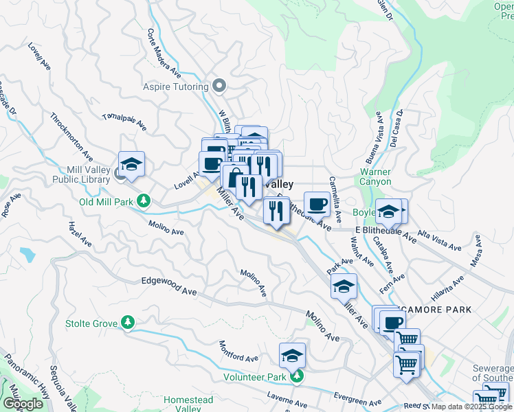 map of restaurants, bars, coffee shops, grocery stores, and more near 11 Forrest Street in Mill Valley