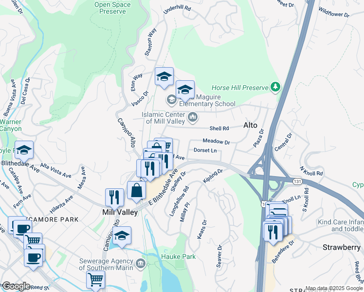 map of restaurants, bars, coffee shops, grocery stores, and more near 12 Somerset Ln in Mill Valley