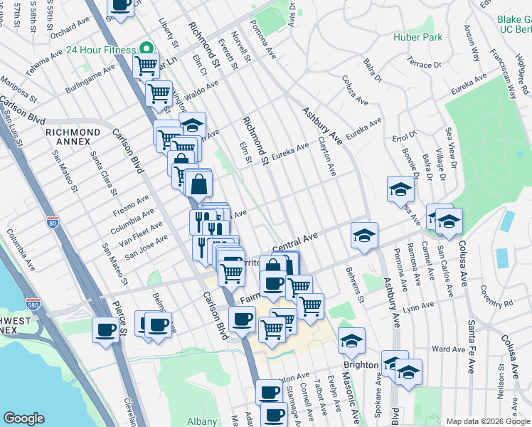 map of restaurants, bars, coffee shops, grocery stores, and more near 551 Elm Street in El Cerrito
