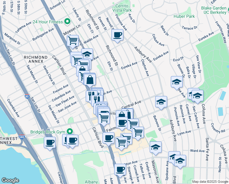map of restaurants, bars, coffee shops, grocery stores, and more near 6618 Lincoln Avenue in El Cerrito