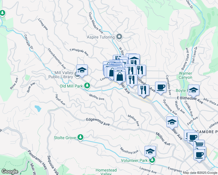 map of restaurants, bars, coffee shops, grocery stores, and more near 191 Throckmorton Avenue in Mill Valley