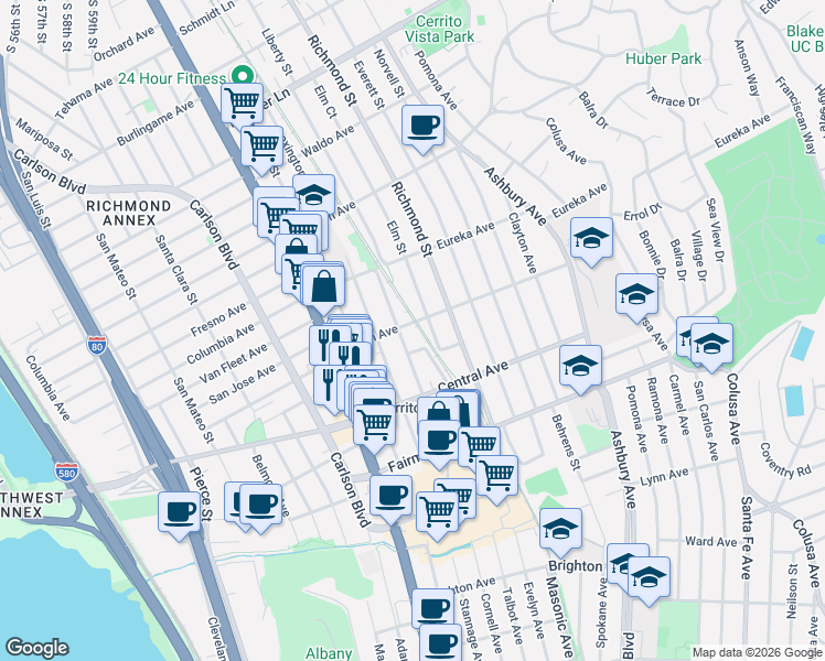 map of restaurants, bars, coffee shops, grocery stores, and more near 6618 Lincoln Avenue in El Cerrito