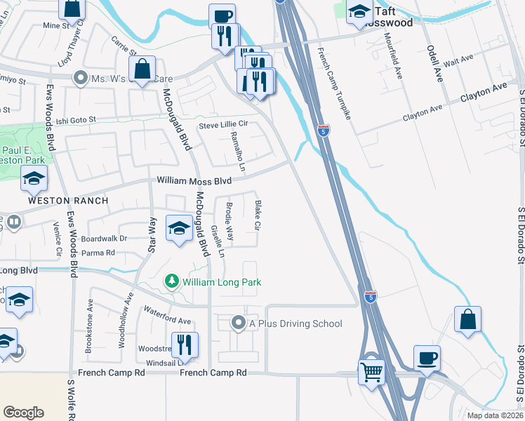 map of restaurants, bars, coffee shops, grocery stores, and more near 4222 Blake Circle in Stockton