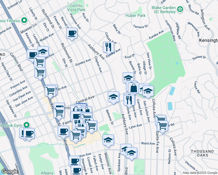 map of restaurants, bars, coffee shops, grocery stores, and more near 506 Clayton Avenue in El Cerrito