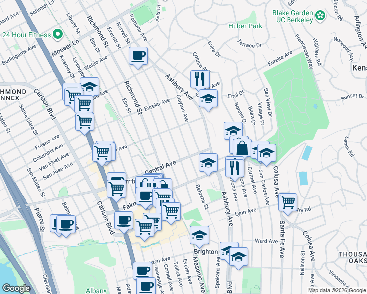 map of restaurants, bars, coffee shops, grocery stores, and more near 519 Albemarle Street in El Cerrito