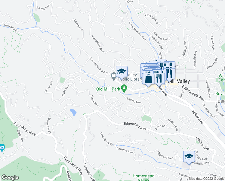map of restaurants, bars, coffee shops, grocery stores, and more near 35 Cascade Way in Mill Valley
