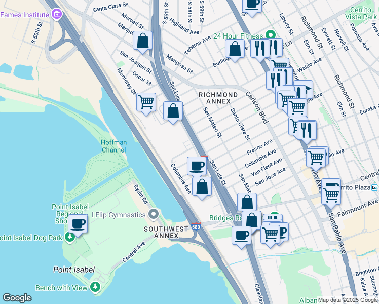 map of restaurants, bars, coffee shops, grocery stores, and more near 5300 Huntington Avenue in Richmond