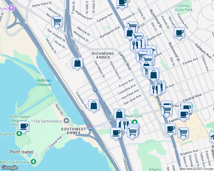 map of restaurants, bars, coffee shops, grocery stores, and more near 2427 San Mateo Street in Richmond