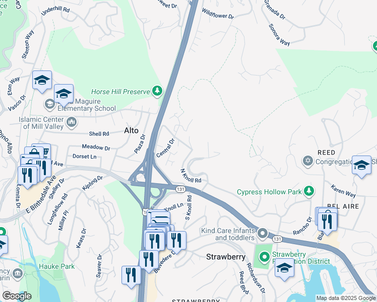 map of restaurants, bars, coffee shops, grocery stores, and more near 32 Thomas Drive in Mill Valley