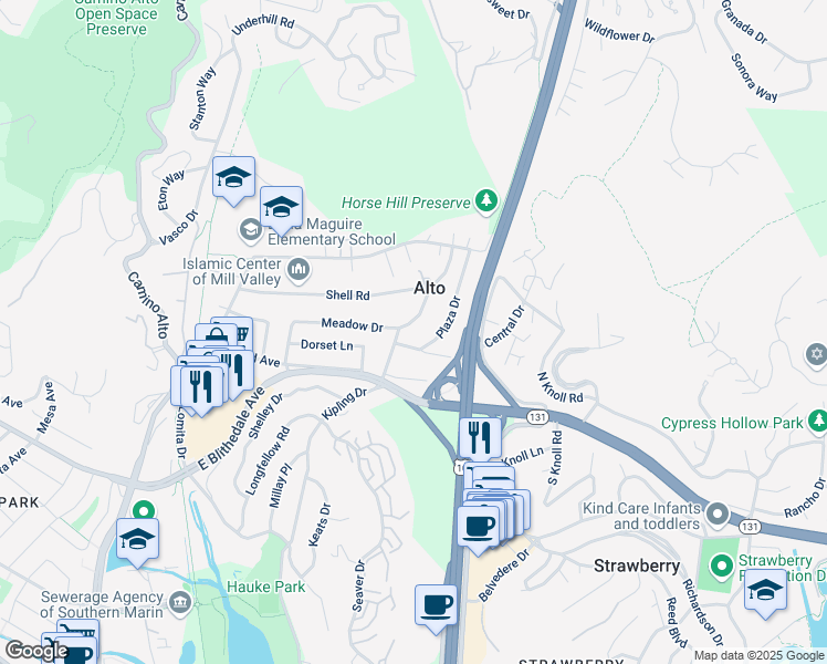 map of restaurants, bars, coffee shops, grocery stores, and more near 27 Meadow Drive in Mill Valley