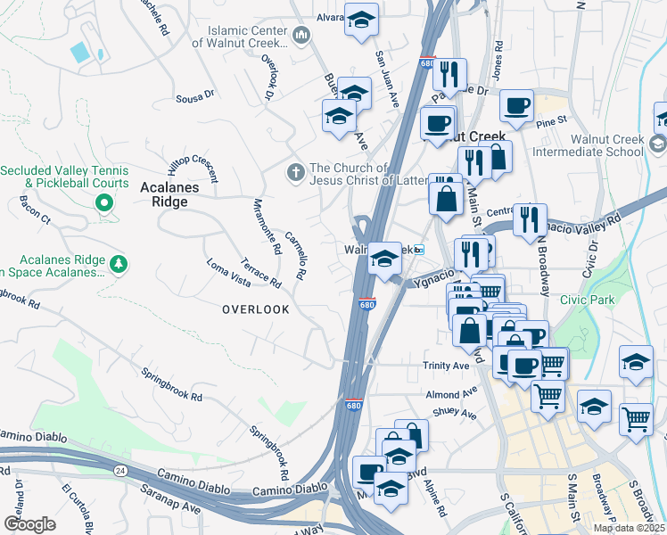 map of restaurants, bars, coffee shops, grocery stores, and more near 18 Jocelyn Place in Walnut Creek