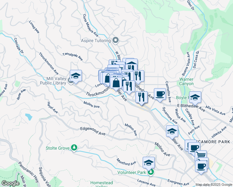 map of restaurants, bars, coffee shops, grocery stores, and more near 89 Ethel Avenue in Mill Valley