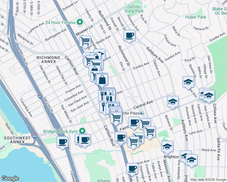 map of restaurants, bars, coffee shops, grocery stores, and more near 604 Lexington Avenue in El Cerrito