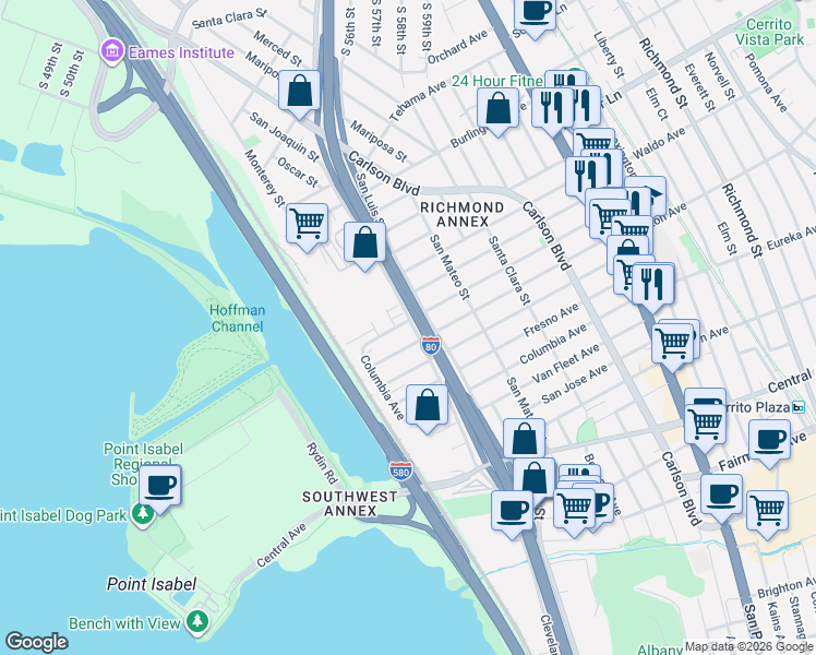 map of restaurants, bars, coffee shops, grocery stores, and more near 5300 Huntington Avenue in Richmond