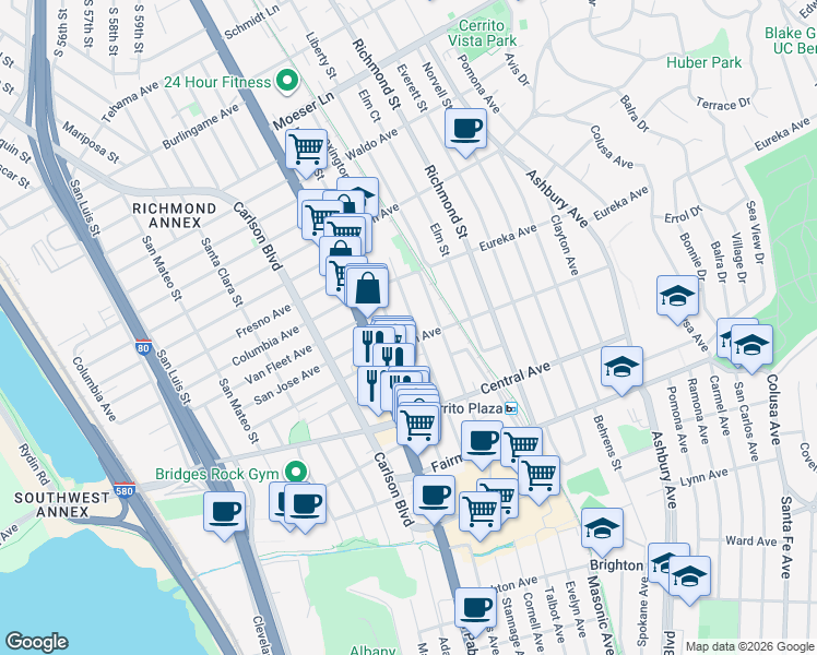 map of restaurants, bars, coffee shops, grocery stores, and more near 604 Lexington Avenue in El Cerrito