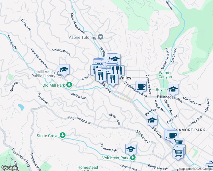 map of restaurants, bars, coffee shops, grocery stores, and more near 37 Miller Avenue in Mill Valley