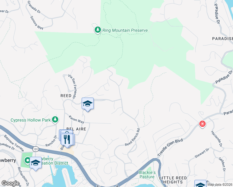 map of restaurants, bars, coffee shops, grocery stores, and more near 100s Reed Ranch Road in Tiburon