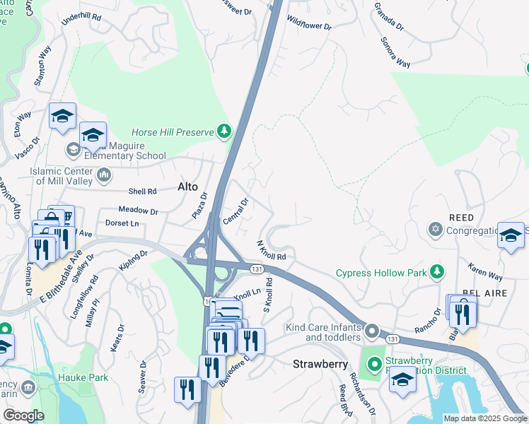 map of restaurants, bars, coffee shops, grocery stores, and more near 32 Thomas Drive in Mill Valley