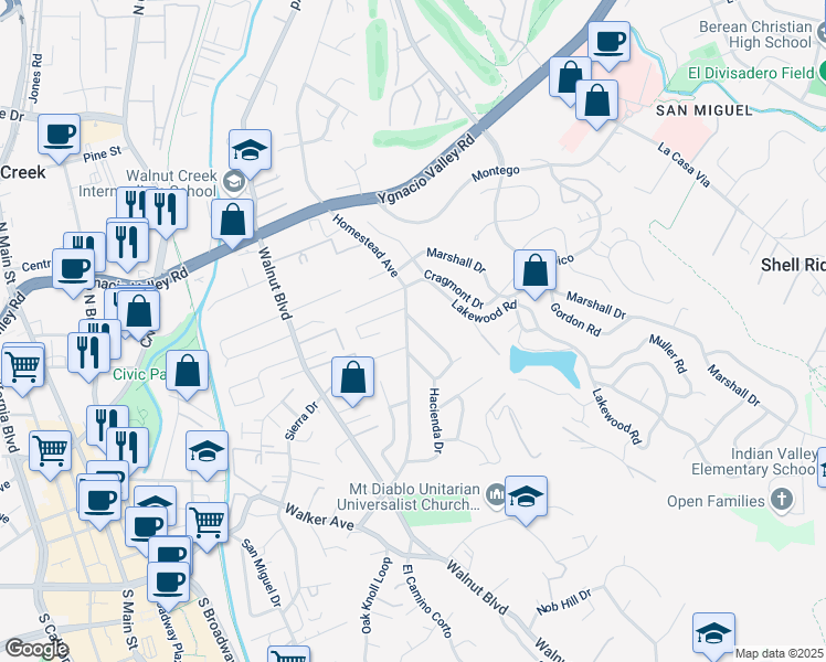 map of restaurants, bars, coffee shops, grocery stores, and more near 1110 Homestead Avenue in Walnut Creek