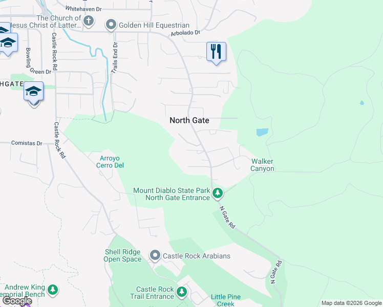 map of restaurants, bars, coffee shops, grocery stores, and more near 1101 North Gate Road in Walnut Creek