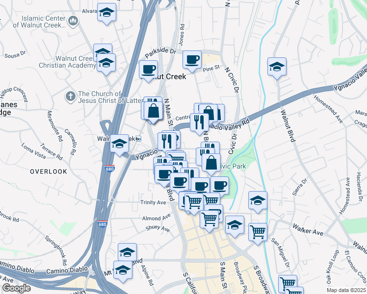 map of restaurants, bars, coffee shops, grocery stores, and more near 1871 North Main Street in Walnut Creek