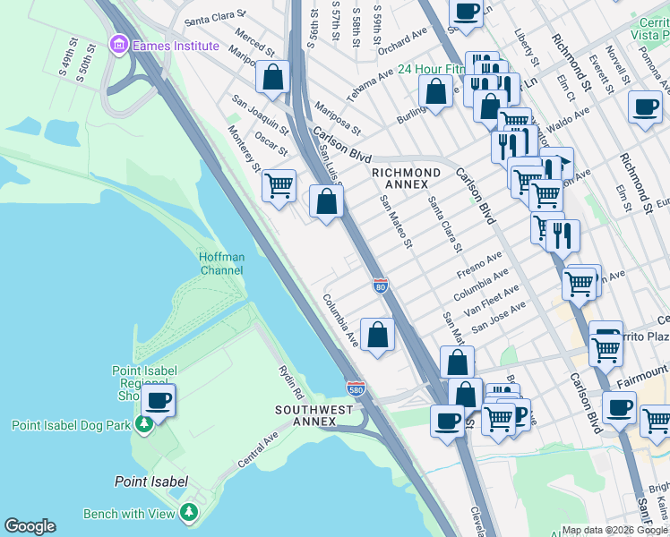 map of restaurants, bars, coffee shops, grocery stores, and more near 5101-5227 Huntington Ave in Richmond