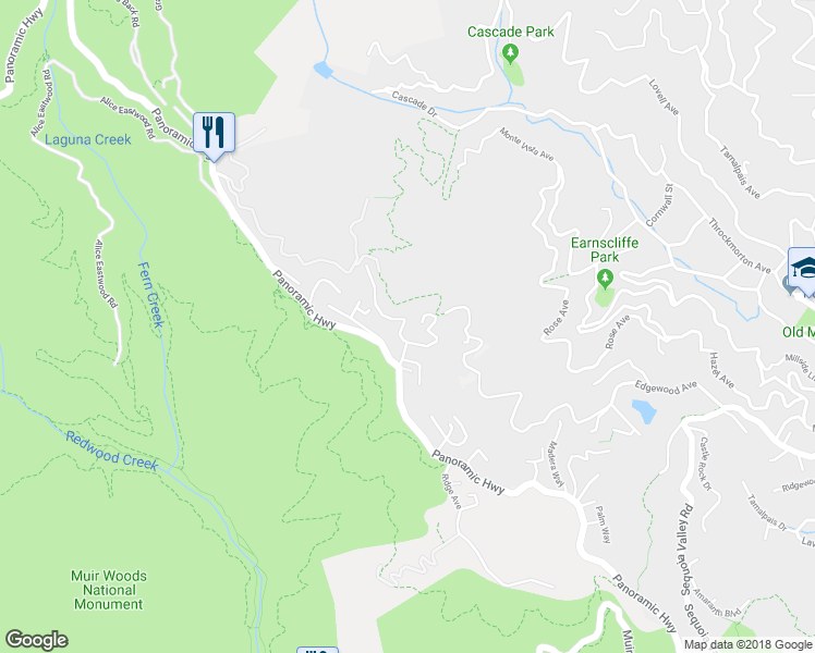map of restaurants, bars, coffee shops, grocery stores, and more near 44 Washington Park Avenue in Mill Valley