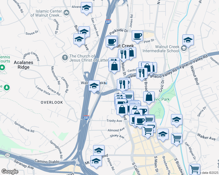 map of restaurants, bars, coffee shops, grocery stores, and more near in Walnut Creek