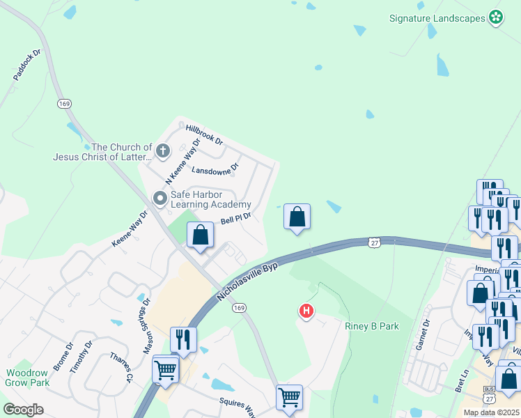map of restaurants, bars, coffee shops, grocery stores, and more near 506 Bell Place Drive in Nicholasville