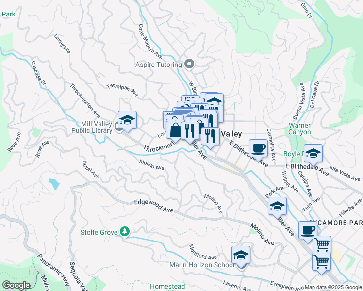 map of restaurants, bars, coffee shops, grocery stores, and more near 89 Ethel Avenue in Mill Valley