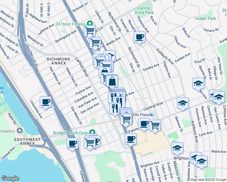 map of restaurants, bars, coffee shops, grocery stores, and more near 615 Kearney Street in El Cerrito