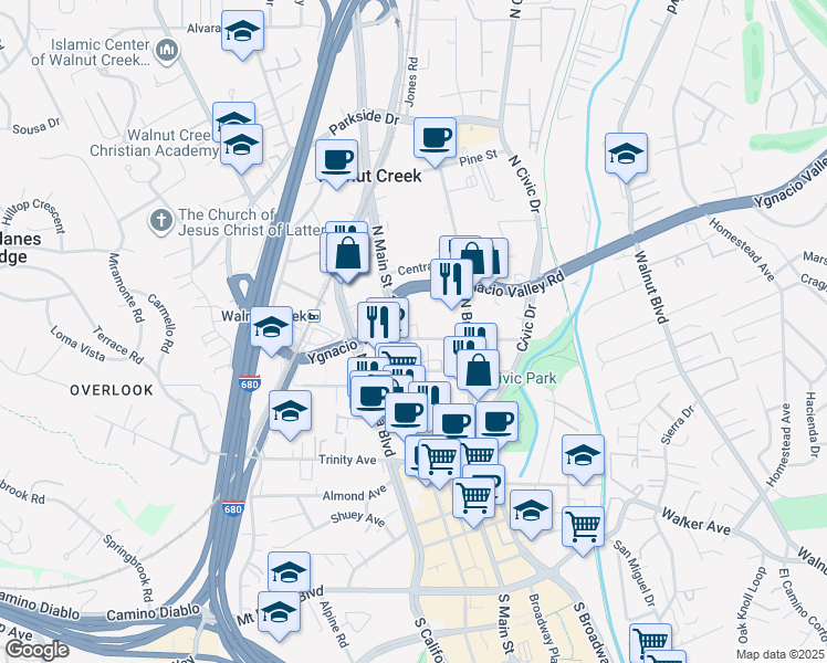 map of restaurants, bars, coffee shops, grocery stores, and more near 1871 North Main Street in Walnut Creek