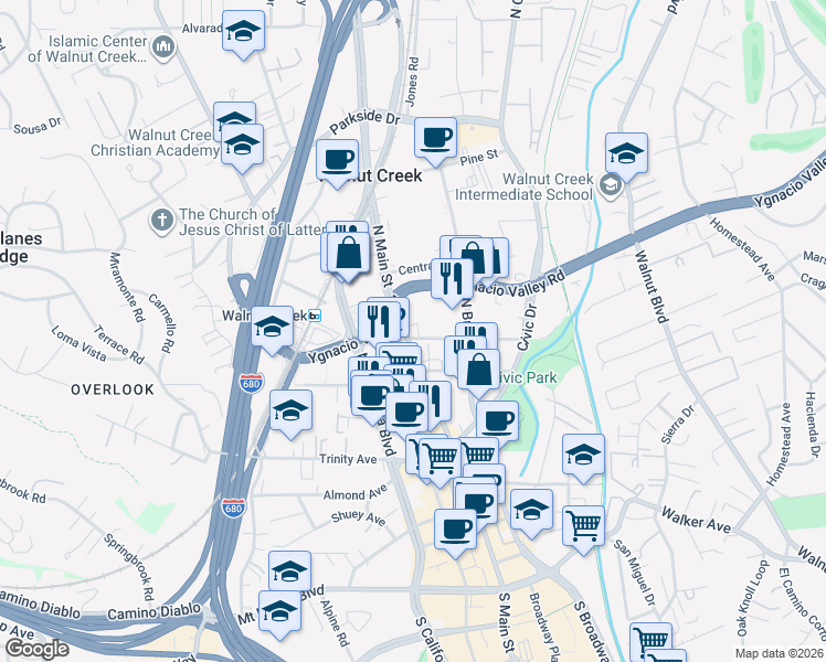 map of restaurants, bars, coffee shops, grocery stores, and more near 1871 North Main Street in Walnut Creek