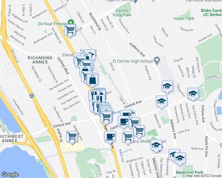 map of restaurants, bars, coffee shops, grocery stores, and more near 604 Lexington Avenue in El Cerrito