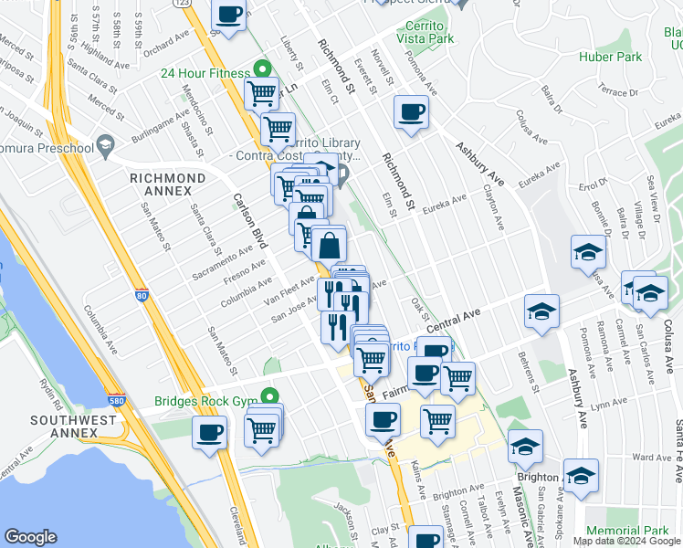 map of restaurants, bars, coffee shops, grocery stores, and more near 615 Kearney Street in El Cerrito